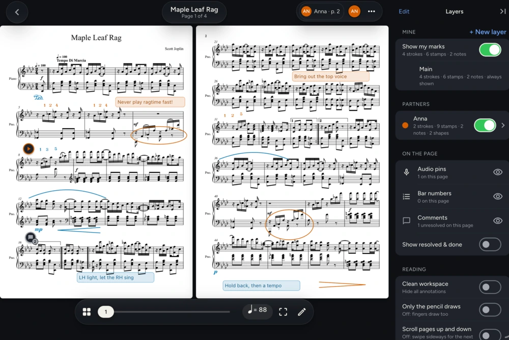 Scoretissimo on iPad showing two pages of Scott Joplin's Maple Leaf Rag marked by two people: Anna's fingerings, circled runs and notes such as “Never play ragtime fast!” in orange, and your Ped. sign, phrase arcs, dynamics and “LH light, let the RH sing” in blue, beside a Layers panel listing both of you.