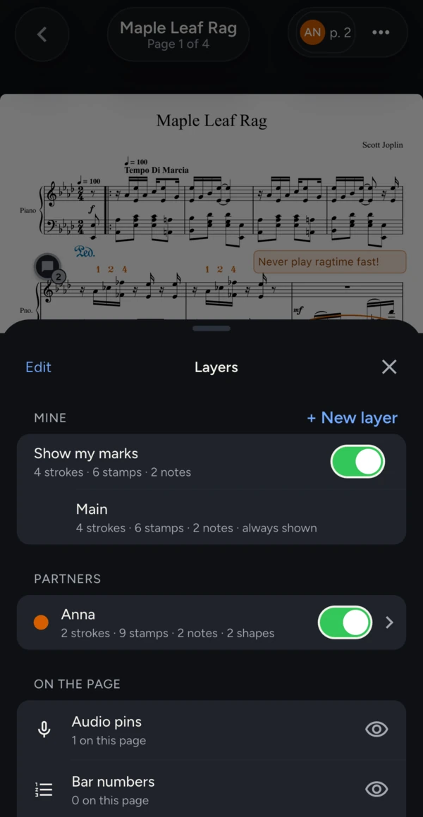 The Layers sheet on iPhone for Maple Leaf Rag: your marks under Mine and Anna's under Partners with an orange dot, each with a count of its marks and a show or hide switch.