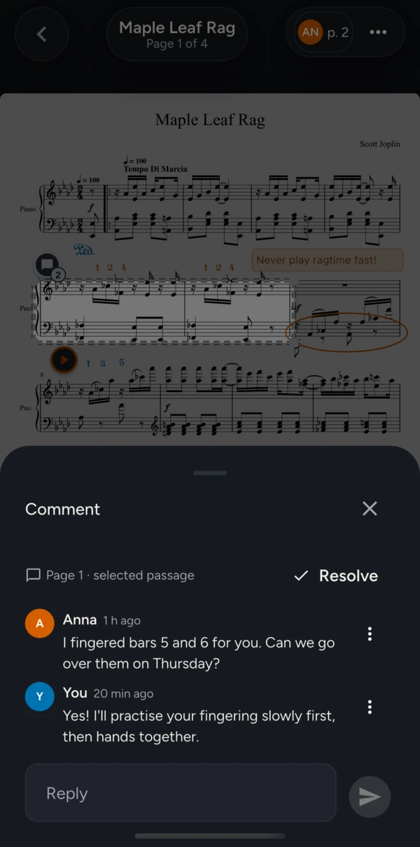 A comment thread on bars 5 and 6 of Maple Leaf Rag: Anna asks “I fingered bars 5 and 6 for you. Can we go over them on Thursday?” and you reply that you'll practise her fingering slowly first.