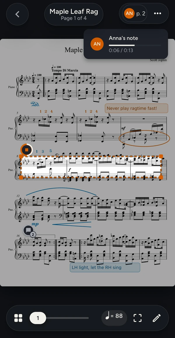 Anna's voice note playing at 0:06 of 0:13, with a card reading “Anna's note” and her passage, bars 8 to 11 of Maple Leaf Rag, lit up on the page.